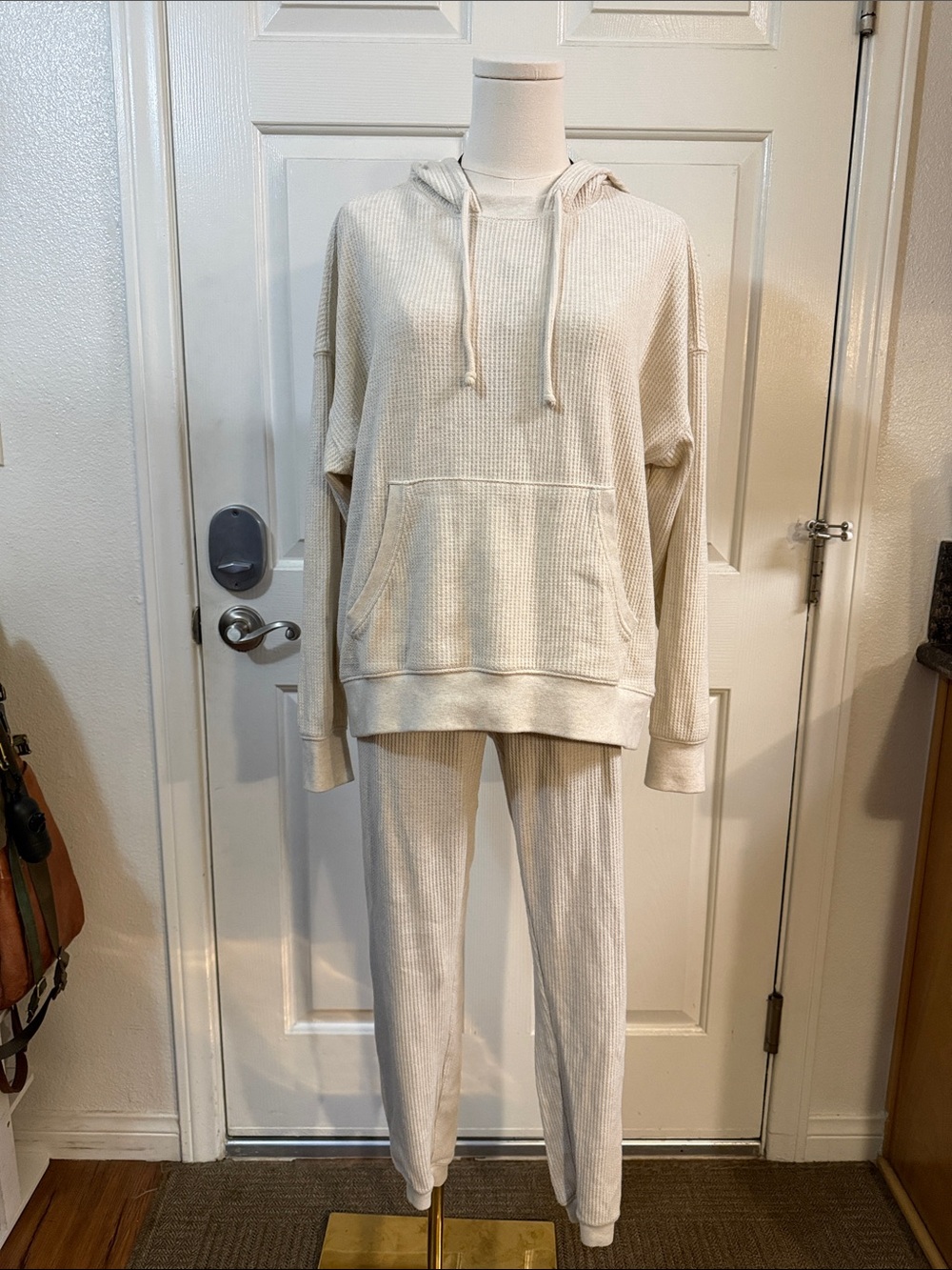 aerie Cream Waffle-Knit Hoodie & Joggers Loungewear Set